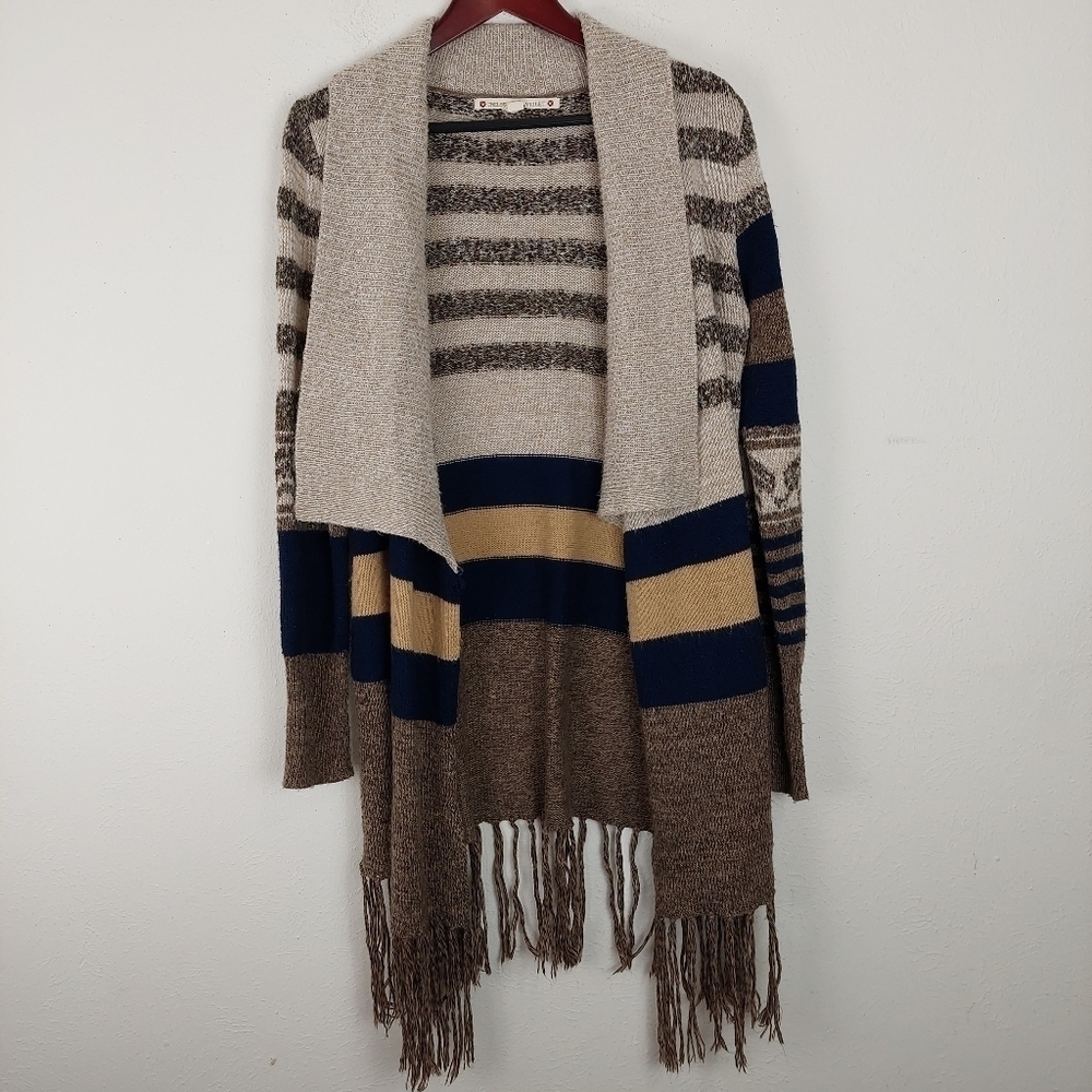 Chelsea &‎ Violet Long Open Front Mixed Print Cardigan Sweater Taupe Beige Sz M.